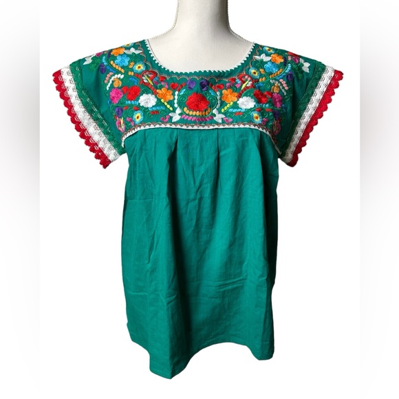 YZXDORWJ Mexican Embroidered Lace Traditional Colorful Blouse Tricolor Top NWT - Picture 2 of 10